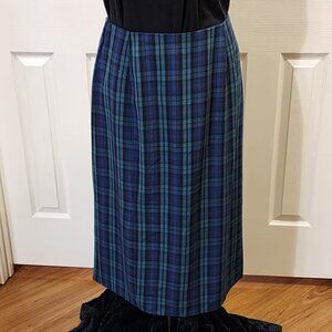 Green-Blue plaid skirt with kick-pleat button details on the back hem